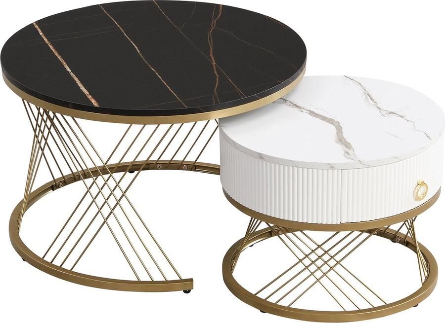 Merax 2-in-1 Salontafel Set Moderne Tafel met Marmerlook Gouden Accenten en Schuiflade 70x70x45 + 50x50x40 cm