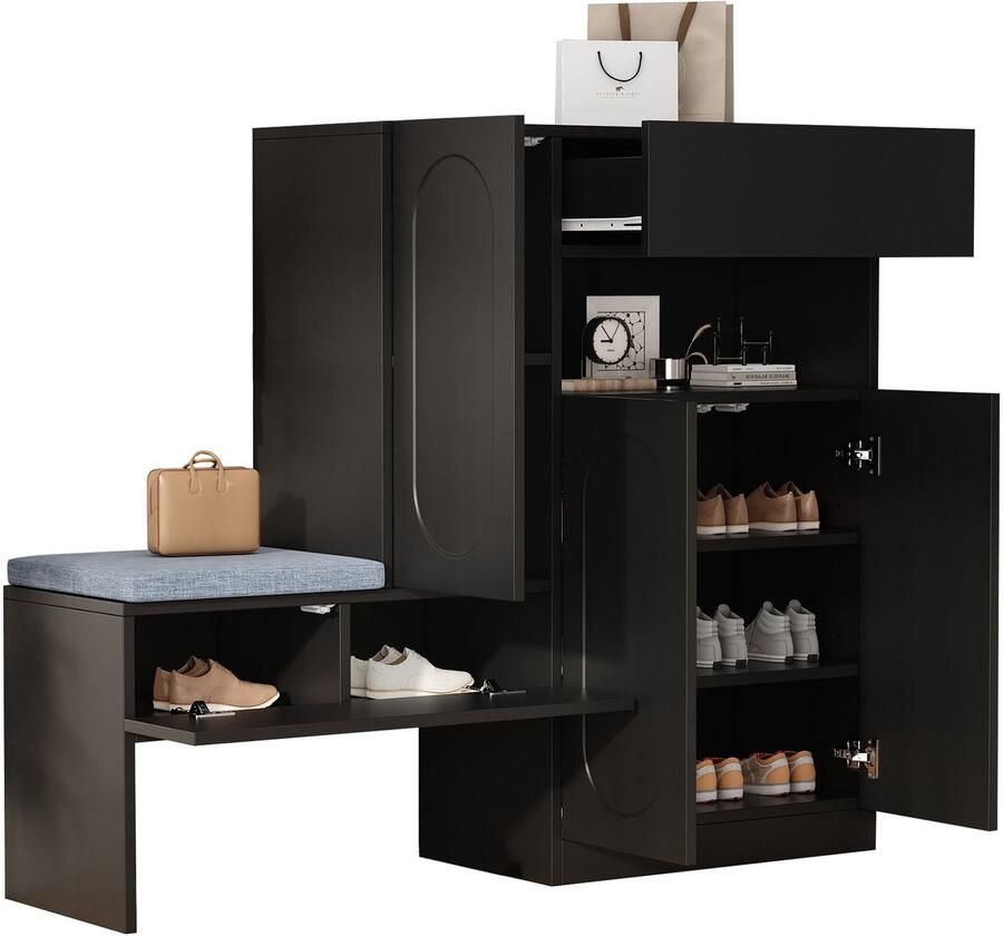 Merax 2-in-1 Schoenenkast met Zitting – Schoenenbank met 4 Deuren Soft-Close Verstelbare Planken en Gewatteerd Kussen – Zwart 130×35×110 cm