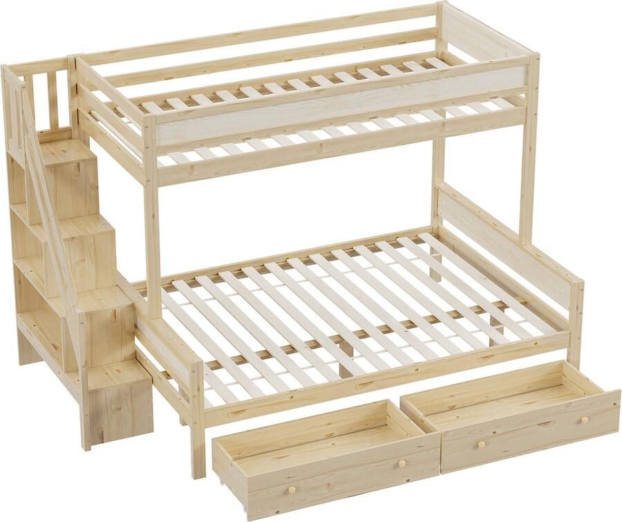 Merax 2-in-1 Stapelbed voor 3 Personen Tweepersoonsbed 140x200 cm en Eenpersoonsbed 90x200 cm met 2 Lades en Opbergvakken Natuurlijk Hout Bruin