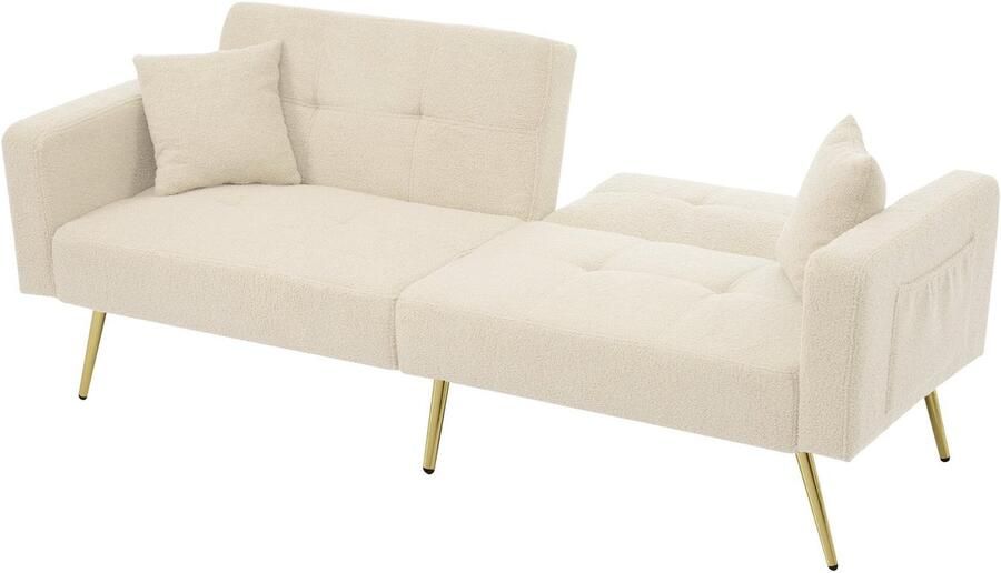 Merax Slaapbank met Bedfunctie – Verstelbare Rugleuning Luxe Gouden Poten Inclusief Kussens & Opbergvakken – Beige Sherpa Stof – 2-Zits