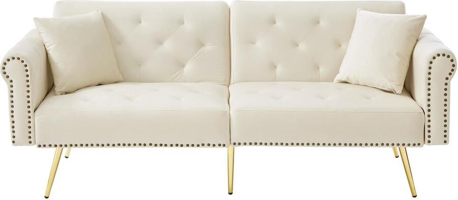 Merax 2-Zits Slaapbank Fluweel Beige – Verstelbare Rugleuning – Goudkleurige Poten – Slaapbank voor Kleine Ruimtes – 173x75x70 cm