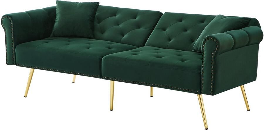 Merax 2-Zits Slaapbank – Fluwelen Stoffen Sofa met 3-standen Verstelbare Rugleuning Vergulde Metalen Poten en Kussens – Comfortabel en Ruimtebesparend Slaapsofa voor Kleine Ruimtes – Groen