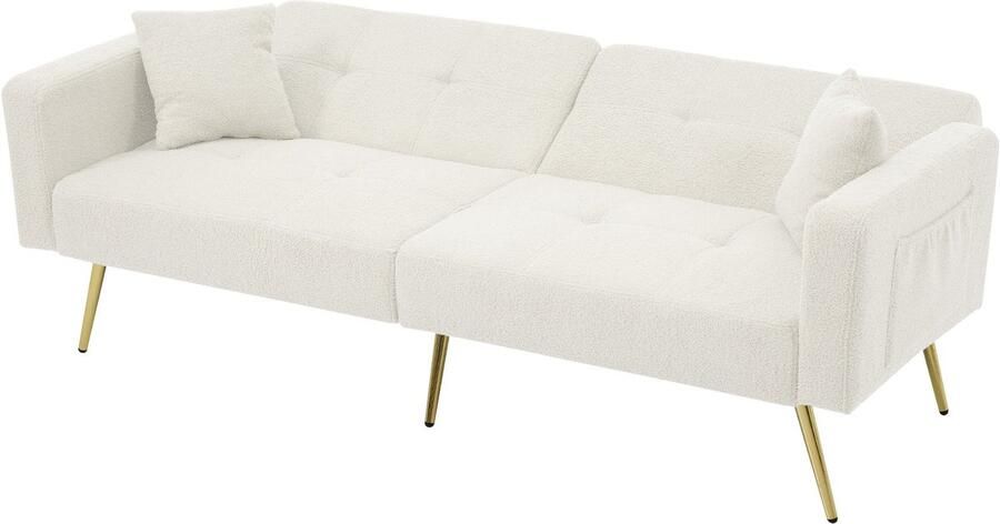 Merax 2-zits Slaapbank met Kussens en Opbergvakken – Luxe Teddy Stof – Bankstel met Verstelbare Rugleuning en Gouden Poten – Wit