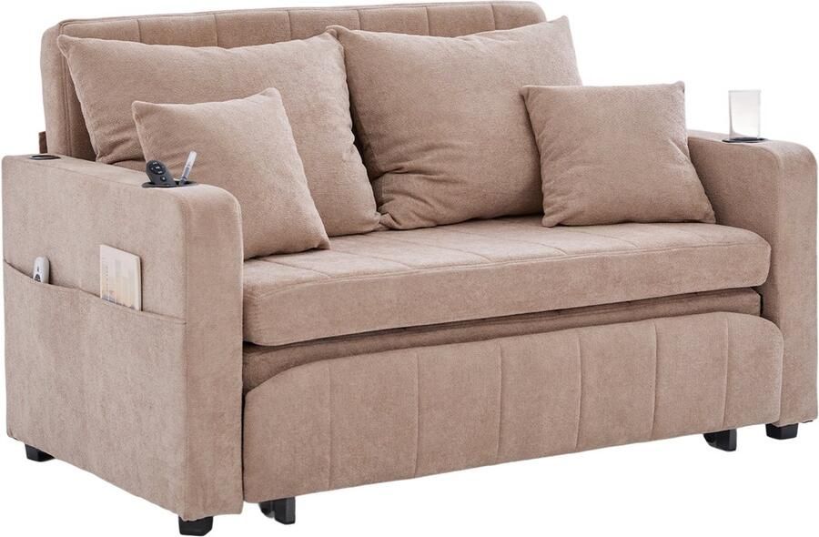 Merax 2-zits Multifunctioneel Stoffen Slaapbank Klapbaar Uitklapbed Sofa met USB-oplaadfunctie Opbergtas en Bekerhouder Incl. 4 Kussens Khaki