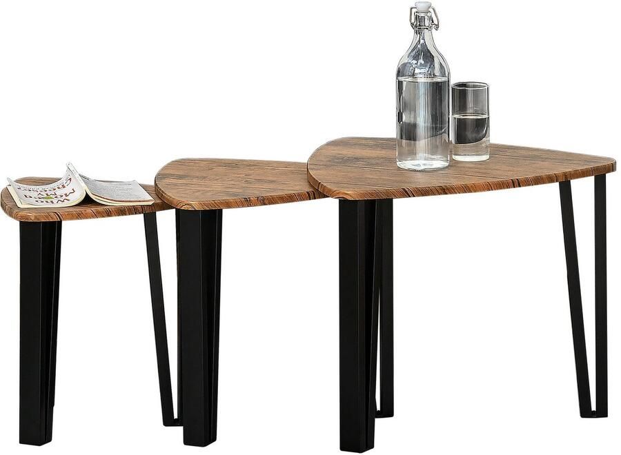 Merax 3-Delige Bijzettafel Set Houtlook MDF Met Zwarte Stalen Poten Stapelbaar Voor Woonkamer