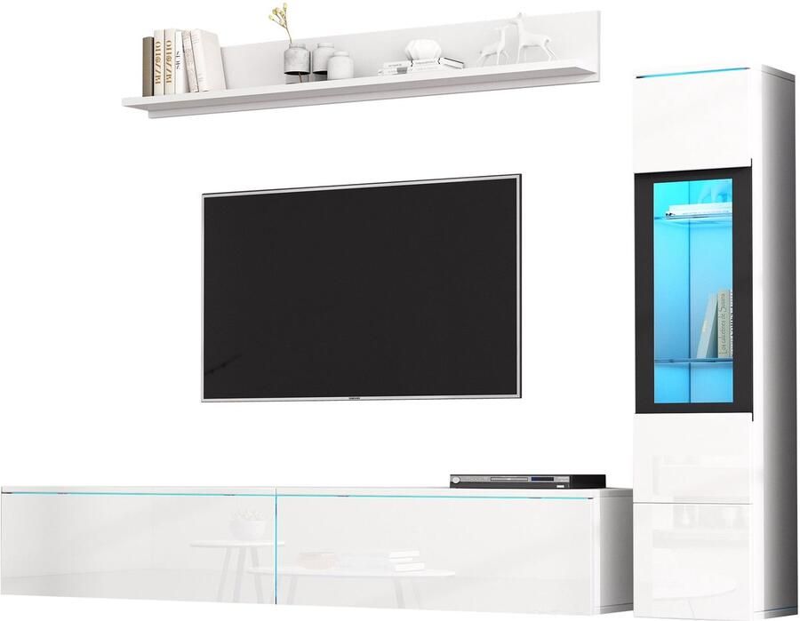 Merax 3-delige Woonkamer Set met LED-Verlichting TV Meubel met Vitrine en Hangplank Hoogglans Wit