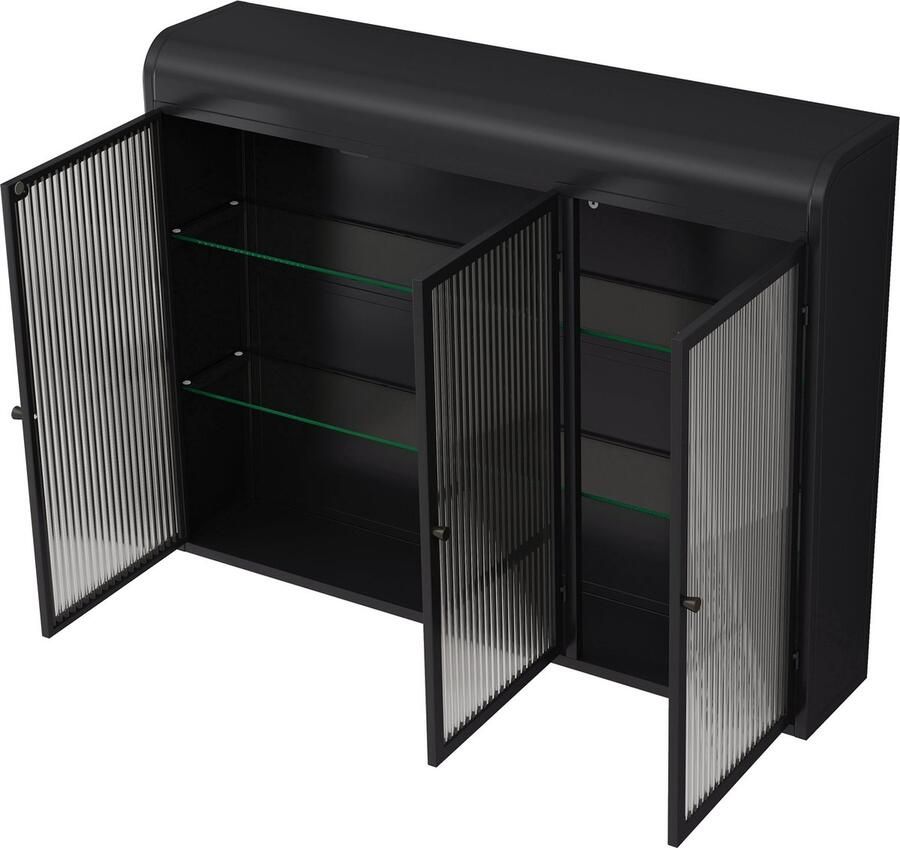 Merax 3-Deurs Muurkast van Glas met Gebogen Deuren – Zwart Muurkast voor Keuken Woonkamer en Badkamer – Wandkast met Metalen Frame