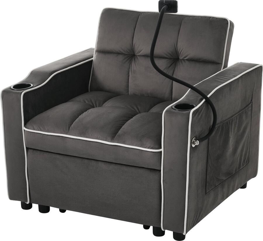 Merax 3-in-1 Slaapbank met Bekerhouders Slaapstoel Met Telefoonhouder en Zijvak Compact Design Antiek Donkergrijs