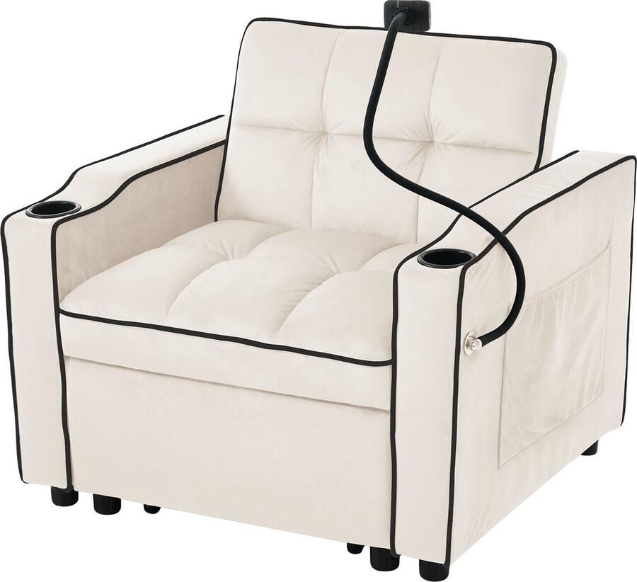 Merax 3-in-1 Slaapbank Slaapstoel met Bekerhouder en Telefoonhouder Compact Ontwerp Beige