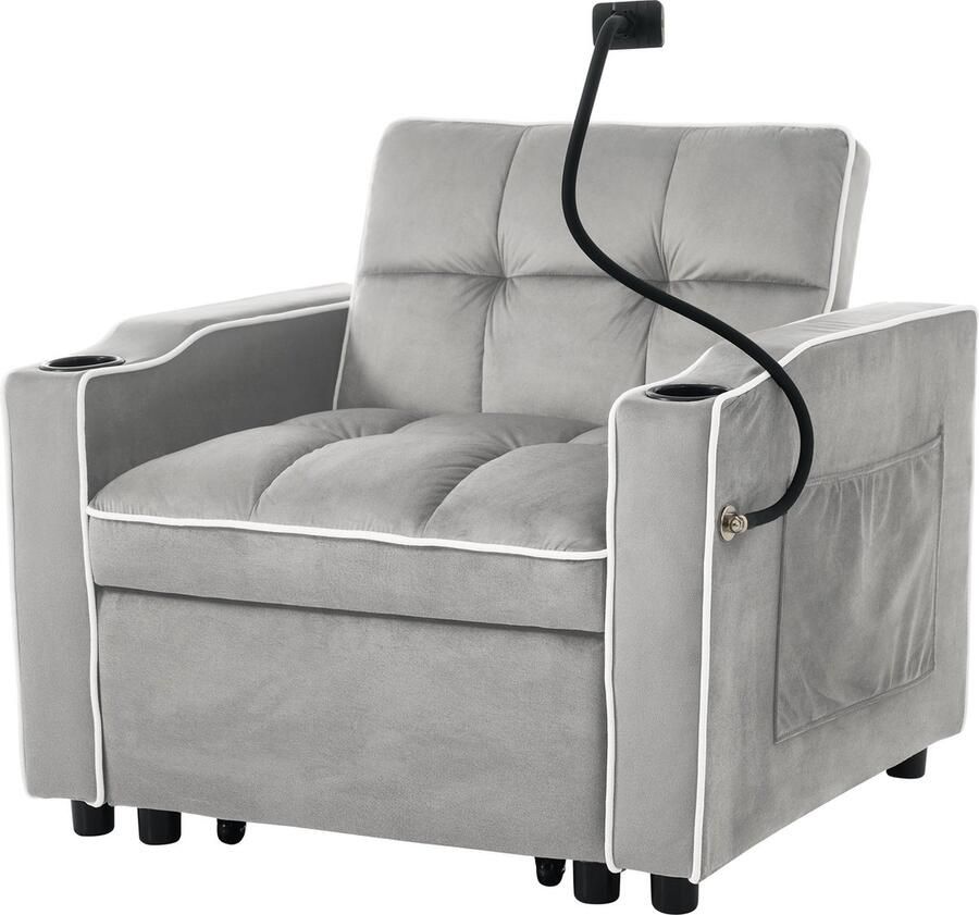 Merax 3-in-1 Slaapbank met Zijvak Slaapstoel met Bekerhouders en Telefoonhouder Luxe Comfort Antiek Grijs met Wit