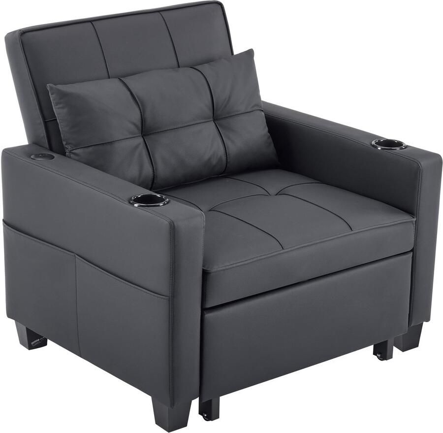 Merax 3-in-1 Uitklapbare 1-Zitsbank Zwart – Slaapstoel Met USB Aansluiting En Bekerhouder – Multifunctionele Fauteuil Voor Kleine Ruimtes