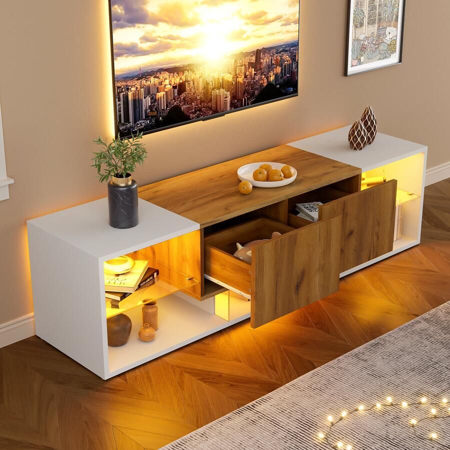Merax 3-laags Tv-meubel voor de grootste 70-inch tv's modern tv-console-entertainmentcentrum met opslagplatform met glazen blad en 2 laden tv-kast wit