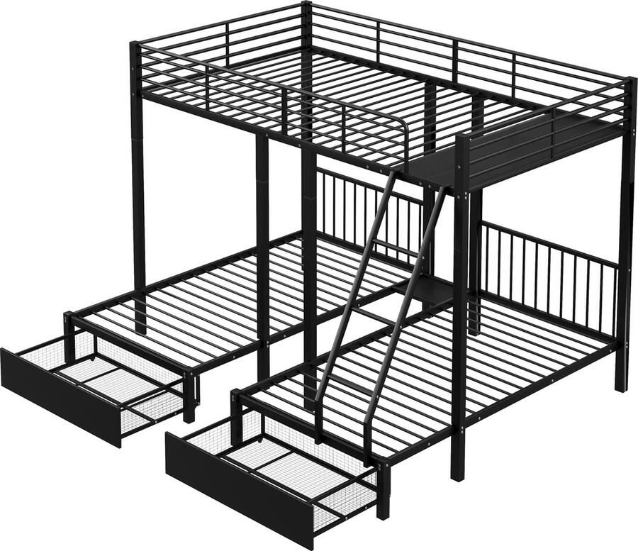 Merax 3-Persoons Stapelbed – Omvormbaar tot 1 Tweepersoonsbed (140x200 cm) & 2 Eenpersoonsbedden (90x200 cm) – Met Schuifladen & Metalen Frame – Ruimtebesparend & Multifunctioneel – Zwart