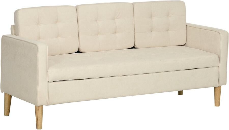 Merax 3 Zitsbank Fluweel Crèmekleurig met Opbergruimte en Houten Poten – Compacte Bank voor Woonkamer of Slaapkamer