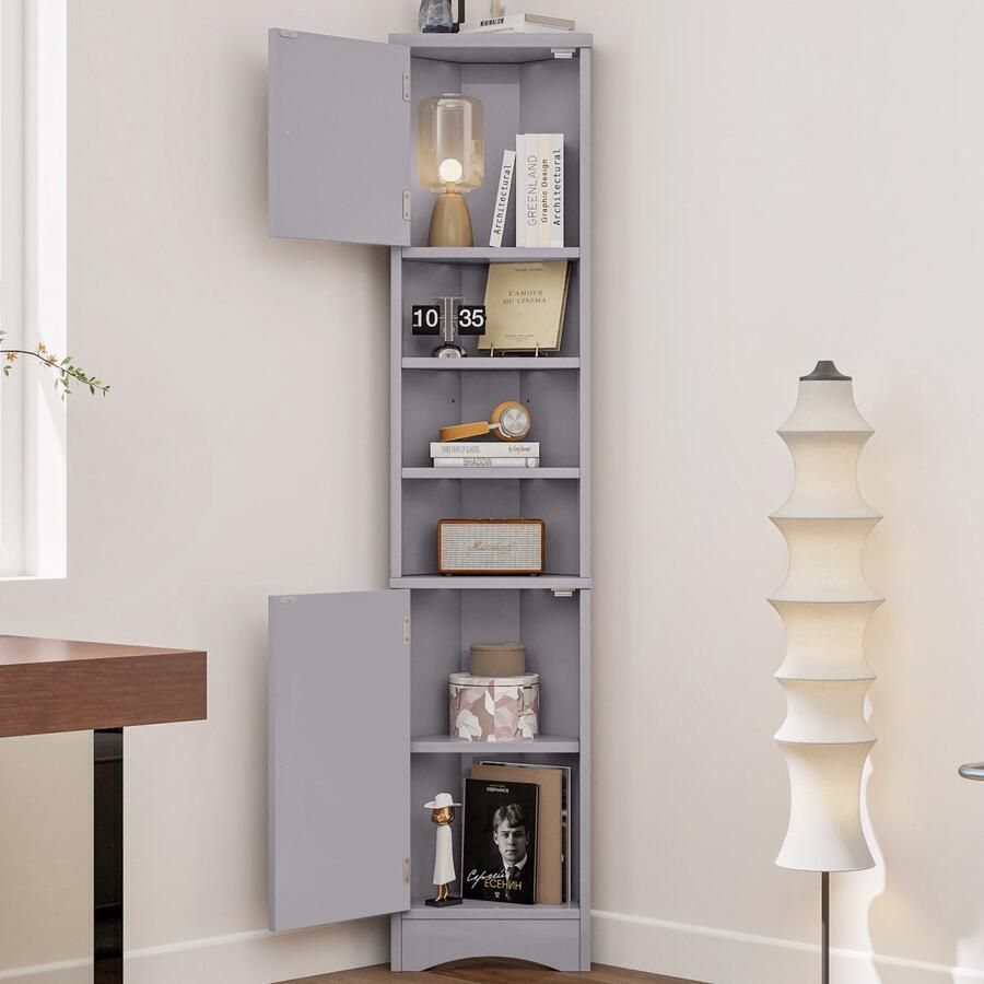 Merax 36 5 x 24 5 x 170 cm driehoekig badkamermeubel vochtbestendige lak drie open opbergvakken dubbele deuren verstelbare legplanken grijs