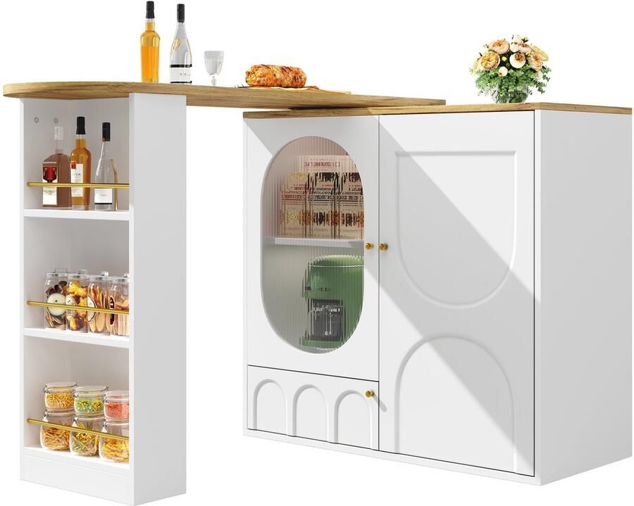 Merax 360° Draaibare Bartafel – Keukeneiland met Opbergruimte en Uitklapbare Tafel – Moderne Hoge Tafel met Deuren Planken en Glasdetail – Wit Zwart