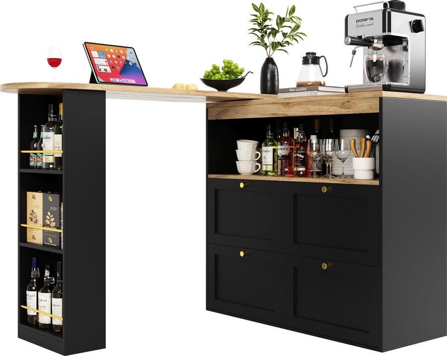 Merax 360° Draaibare Bartafel met 4 Laden en Open Opbergvakken – Multifunctionele Opbergkast voor Werk Woon- en Eetkamer – Zwart 105 x 39 x 102 cm