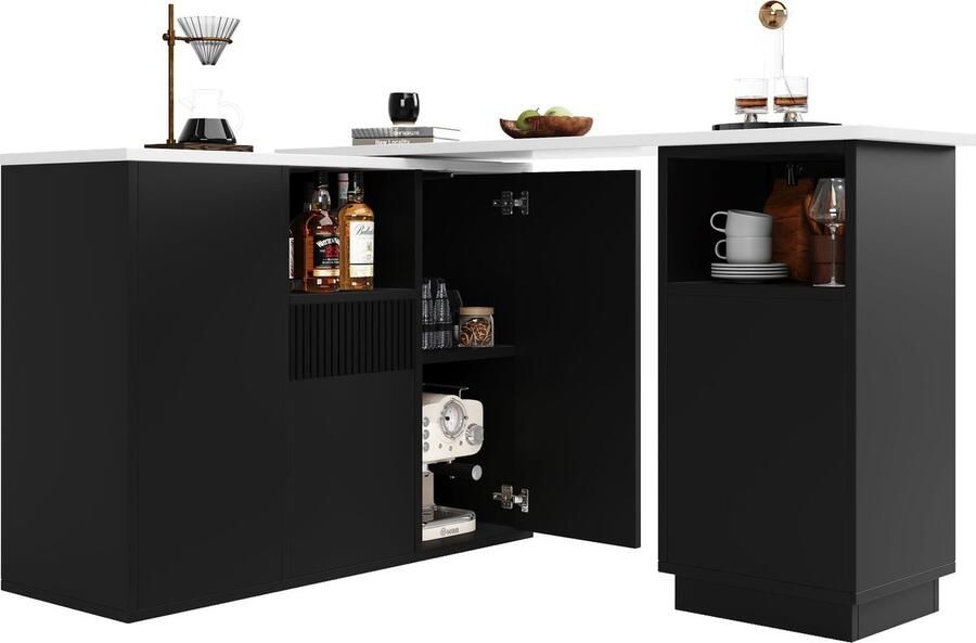 Merax 360° Draaibare Bartafel met Marmor Werkblad – Multifunctionele Keuken- en Woonkamer Bar met Opbergruimte – Zwart 198 5 x 30 x 72 5 cm