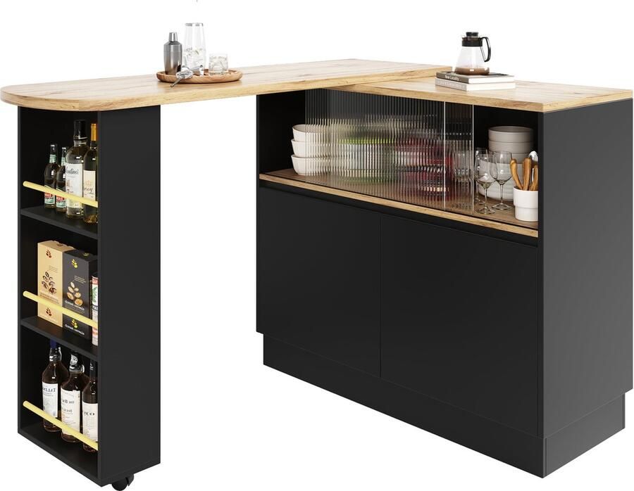 Merax 360° Draaibare Keukentrolley – Zwart Moderne Multifunctionele Kast met Glasdeuren en Opbergruimte 90x45x100 cm