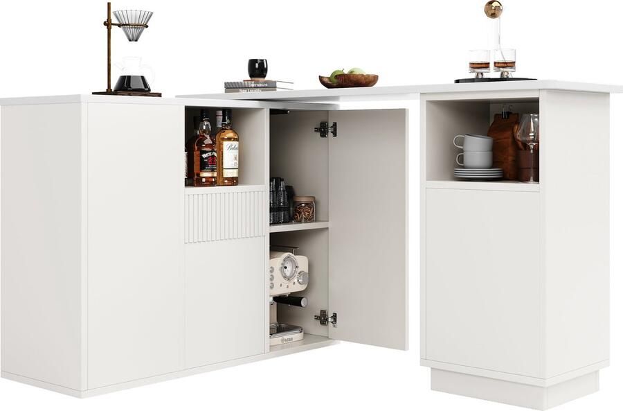 Merax 360° Draaiende Bartafel met Marmor Werkblad – 198 5x30x75 cm Wit Met Open Opbergruimte – Geschikt voor Keuken Woonkamer en Eetkamer