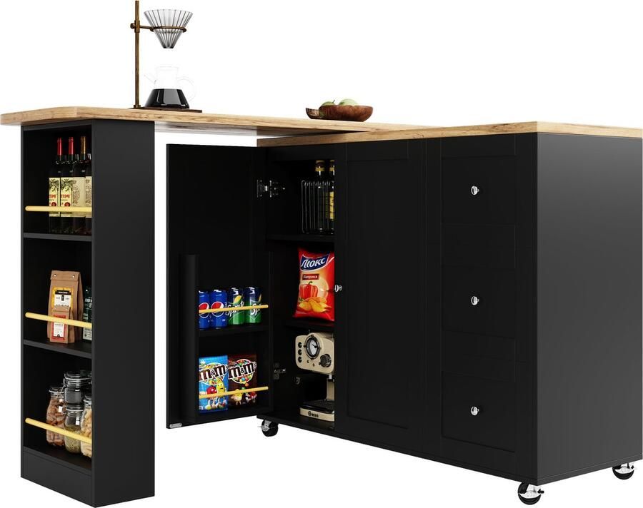 Merax 360° Draaiende Staande Tafel – 138-209x39x104 cm Zwart met Drie Laden Rollen en Snackhouder – Multifunctioneel Keukenmeubel of Bar - Foto 2