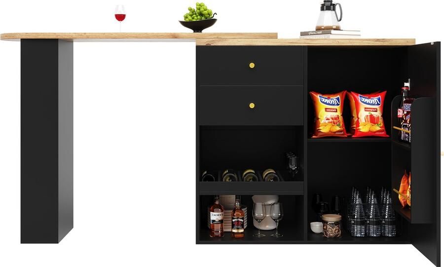 Merax 360° Draaiende Bartafel met 2 Laden en Schuifdeurkast – Multifunctionele Opbergkast met 3 Open Schappen – Ideaal voor Woonkamer Eetkamer en Werkruimte - Foto 2