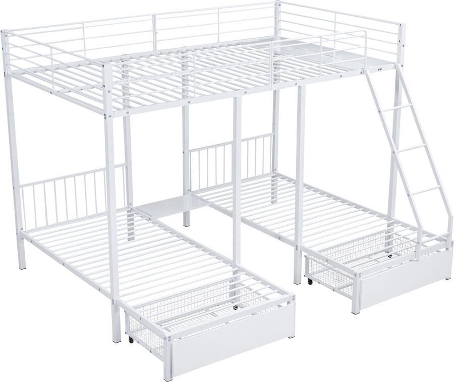 Merax Stapelbed voor 3 Personen met Schuiflades Metalen Bedframe Om te Zetten naar 140x200 cm Tweepersoonsbed en Twee 90x200 cm Eenpersoonsbedden Multifunctioneel Bedframe Wit