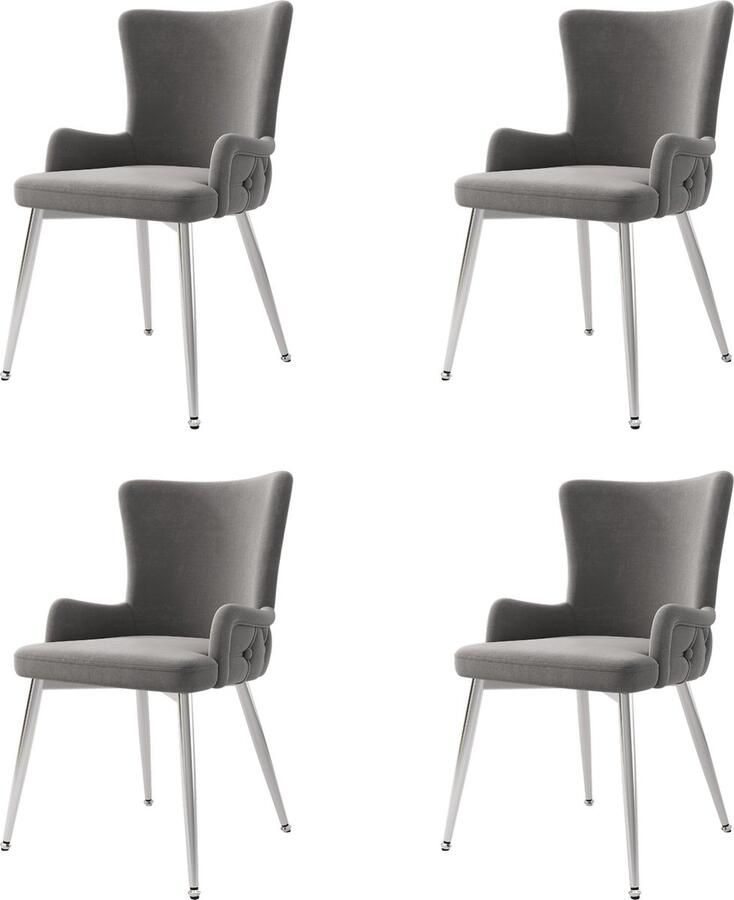 Merax fluwelen eetkamerstoelen 4 stuks luxe kuipstoelen met metalen poten grijze gestoffeerde stoelen voor eetkamer woonkamer slaapkamer zilverkleurig onderstel