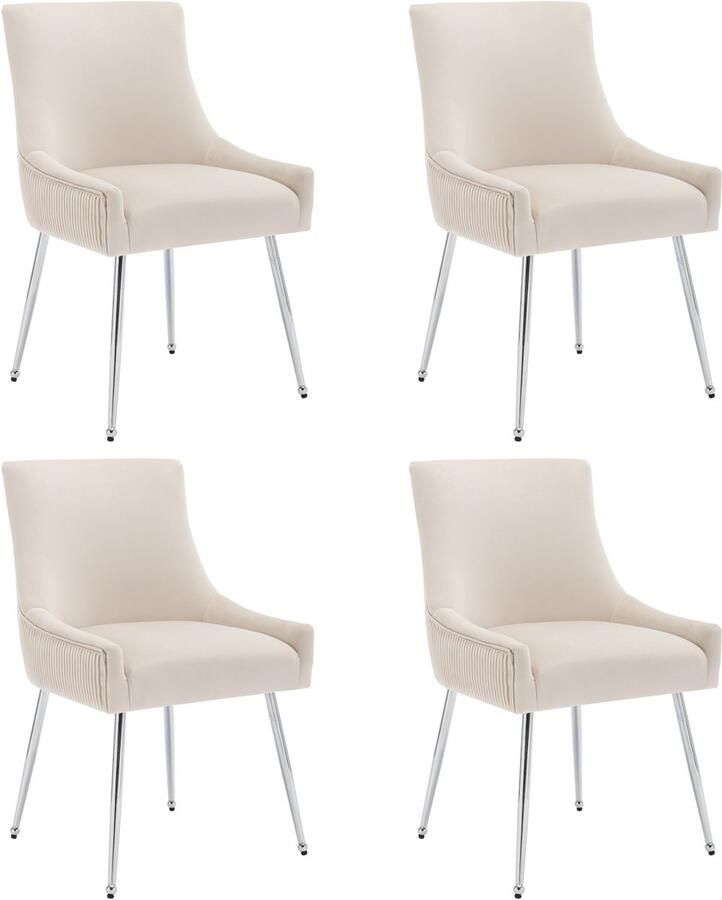 Merax 4-delige Set Eetkamerstoelen met Verticale Strepen Fluwelen Bekleding Ergonomische Stoelen met Metalen Handgreep en Gouden Zilveren Poten Beige