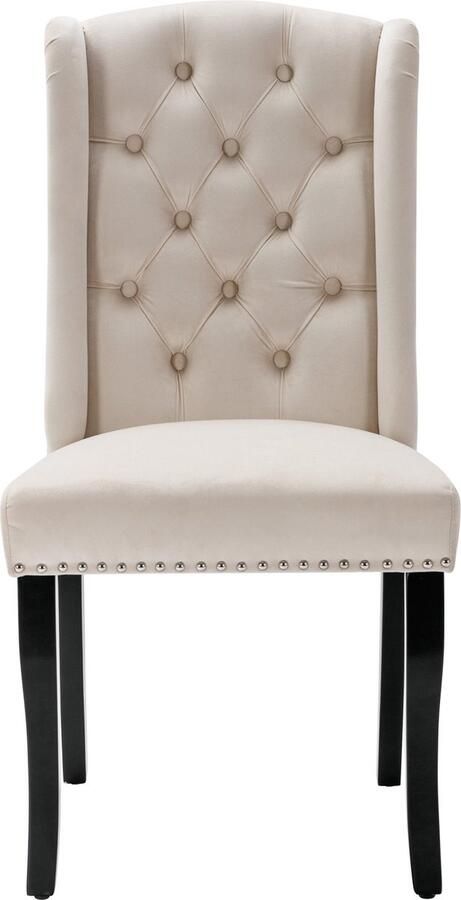 Merax 4-delige set eetkamerstoelen van beige fluweel met eikenhouten poten knopen zilveren handgreep en nagelkopdetails – stijlvol voor eetkamer slaapkamer woonkamer of keuken - Foto 2