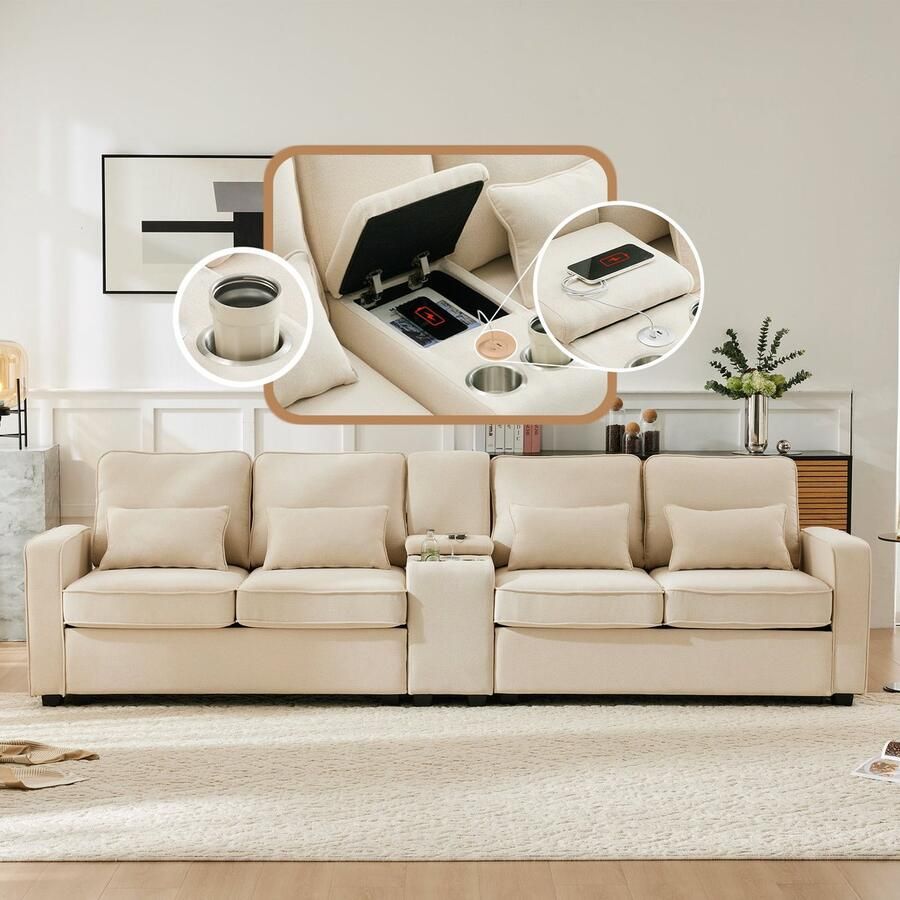 Merax Modernes 4-Sitzer-Sofa aus Leinenstoff mit Konsole 2 Getränkehaltern 2 USB-Anschlüssen zum Aufladen mit Kabel mit Armlehnentaschen und 4 Kissen einfaches Sofa für Wohnzimmer Wohnung Büro