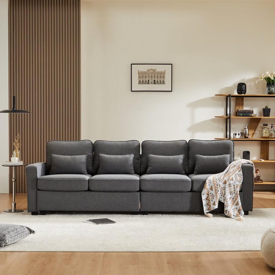 Merax Modernes 4-Sitzer-Sofa aus Leinenstoff Viersitzer-Sofa mit Armlehnentaschen und 4 Kissen Sofa im einfachen Stil geeignet für Wohnzimmer Wohnung Büro 3 Farboptionen für Sofas
