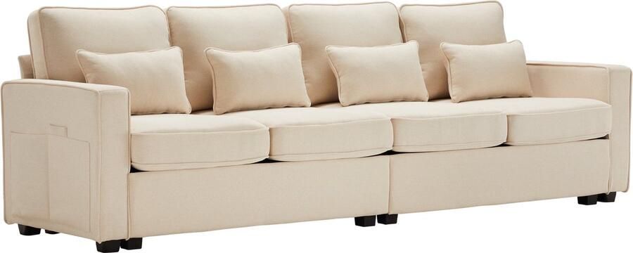 Merax 4-zits Bank – Beige Linnen – Bankstel met Hoge Rugleuning en Zijvakken - Foto 2