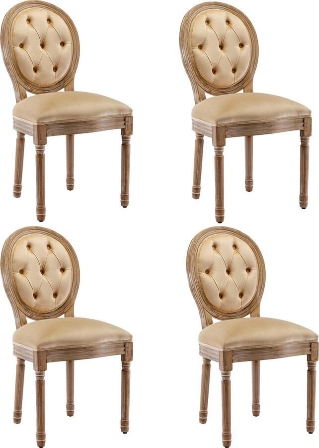 Merax 4er Set Esszimmerstoelen Beige Louis Polsterstoelen met Ronde Rugleuning en Geleide Knopen Massief Houten Poten