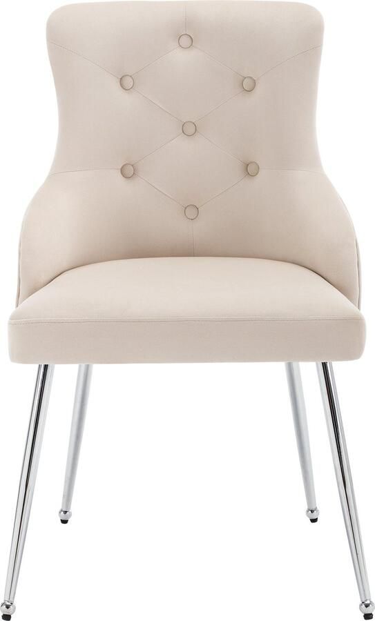 Merax Set van 6 Eetkamerstoelen met Knopenpatroon – Fluwelen Bekleding – Ergonomische Stoelen met Lendensteun – Stalen Onderstel – Beige - Foto 2