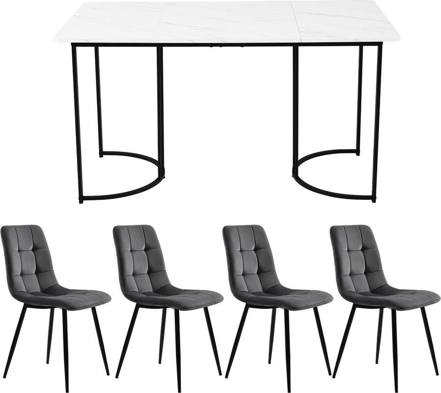 Merax 5-delig Eettafel Set Moderne Keukentafel 140 x 80 cm met Zwarte Metalen Poten en Witte MDF Tafelblad Donkergroene Samt Stoelen - Foto 2