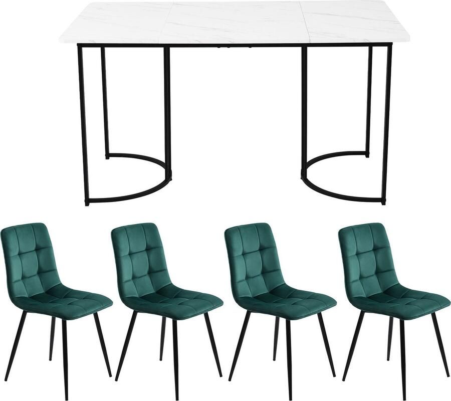 Merax 5-delig Eettafel Set Moderne Keukentafel 140x80 cm met 4 Donkergroene Fluwelen Stoelen Zwarte Metalen Poten en Witte MDF Tafelblad - Foto 2