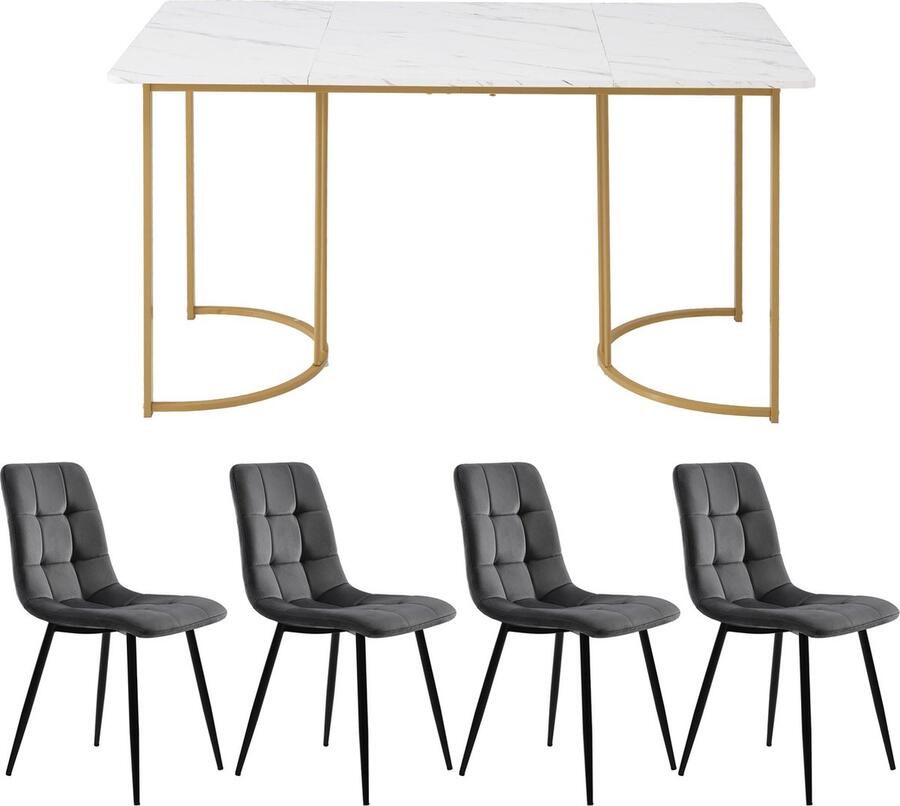 Merax 5 Delig Eetkamerset Eettafel met 4 Fluwelen Eetkamerstoelen Moderne Keukentafel Set 140x80 Tafel met Gouden Metalen Poten met Wit MDF Tafelblad Grijs Gestoffeerde Stoelen met Zwarte Poten - Foto 2