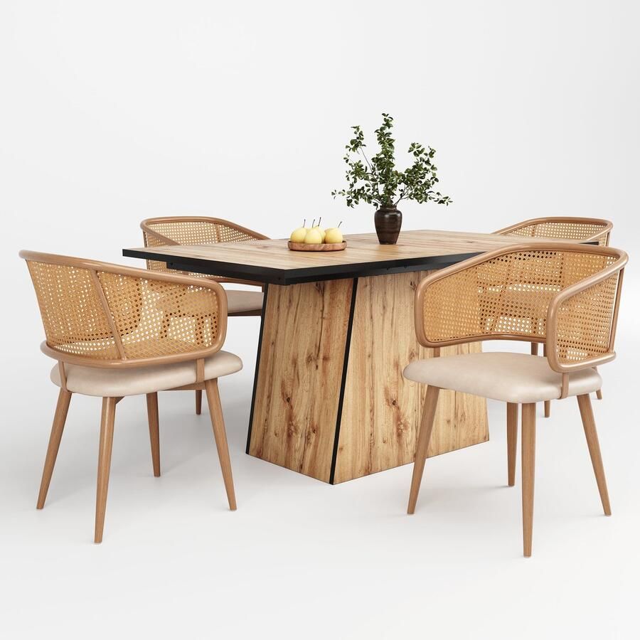 Merax 5-delige Eetkamerset – Eettafel met Houtnerf & 4 Rattan Eetkamerstoelen met Kunstleer Kussens – IJzeren Frame – 138 5x80x75 cm – Beige met Bruin