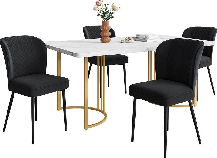 Merax Eetkamerset (5-delig) – Moderne Eettafel 140 x 80 cm met 4 Zwarte Fluwelen Stoelen Witte Marmerlook MDF Tafelblad en Gouden Metalen Poten
