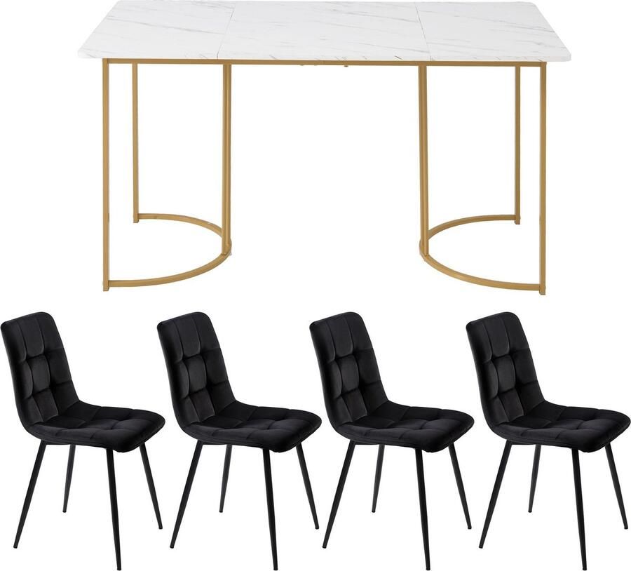 Merax 5 Delig Eetset Eettafel met 4 Eetkamerstoelen Moderne Keukentafel Set 140×80 cm Tafel met Gouden Metalen Poten Wit MDF Tafelblad Zwarte Fluwelen Stoelen - Foto 2