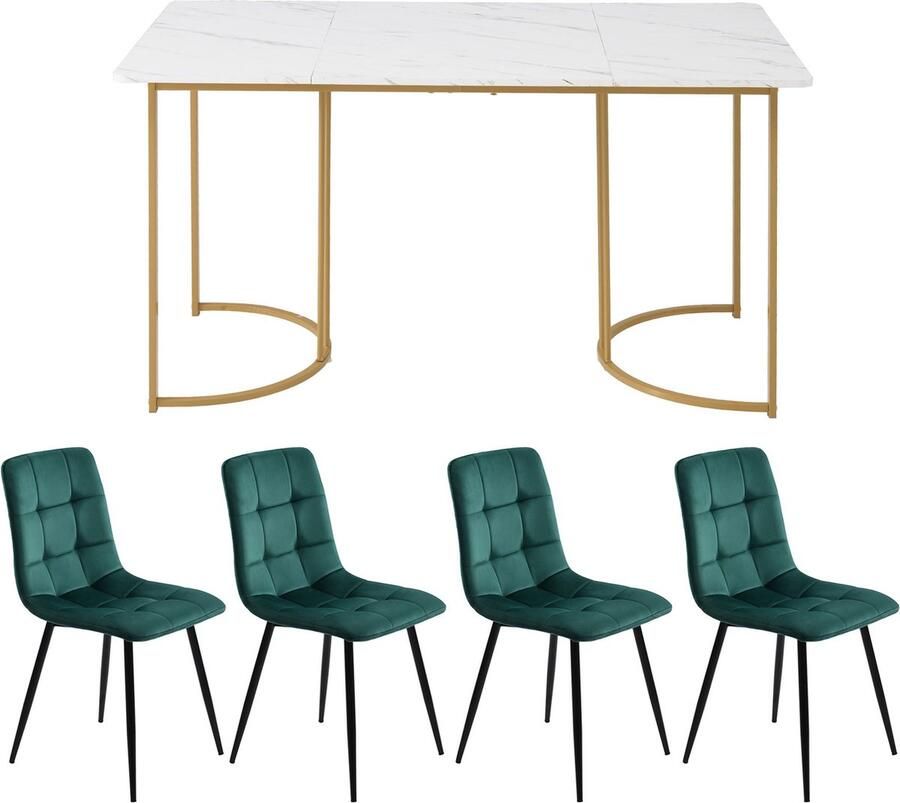 Merax 5-Delig Eetset Eettafel met 4 Stoelen Moderne Keukentafel Set 140×80 cm Tafel met Gouden Metalen Poten Wit MDF Tafelblad Donkergroene Fluwelen Eetkamerstoelen - Foto 2