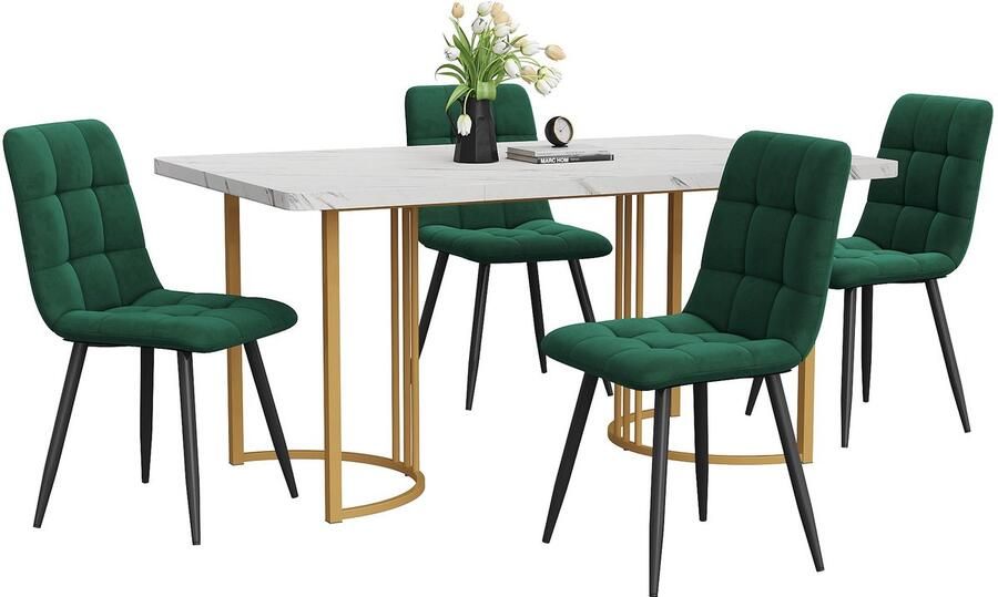 Merax 5-Delig Eetset Eettafel met 4 Stoelen Moderne Keukentafel Set 140×80 cm Tafel met Gouden Metalen Poten Wit MDF Tafelblad Donkergroene Fluwelen Eetkamerstoelen