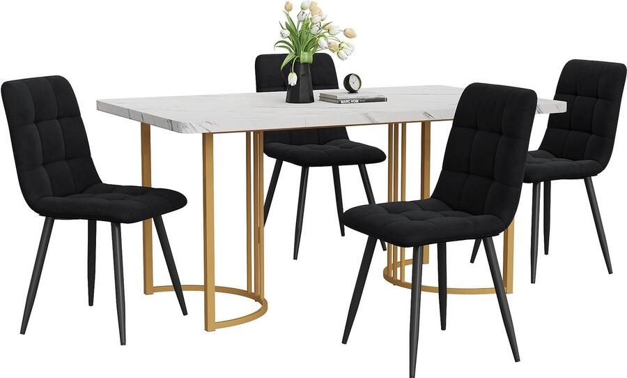 Merax 5 Delig Eetset Eettafel met 4 Eetkamerstoelen Moderne Keukentafel Set 140×80 cm Tafel met Gouden Metalen Poten Wit MDF Tafelblad Zwarte Fluwelen Stoelen