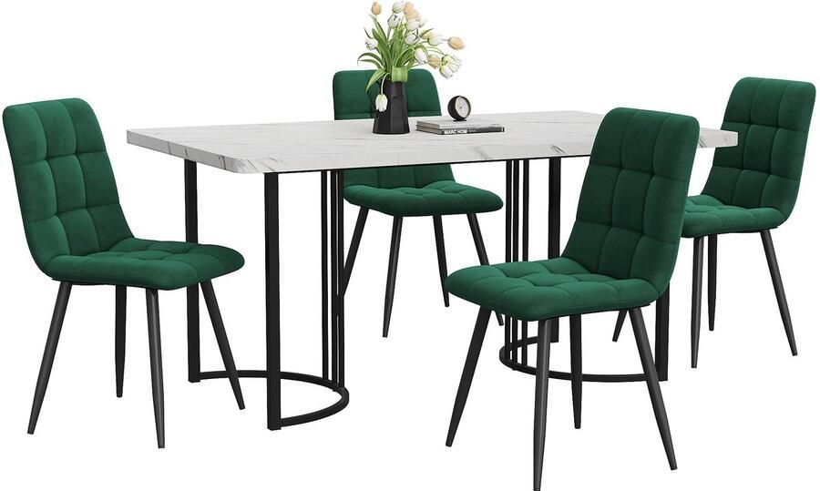 Merax 5-delig Eettafel Set Moderne Keukentafel 140x80 cm met 4 Donkergroene Fluwelen Stoelen Zwarte Metalen Poten en Witte MDF Tafelblad