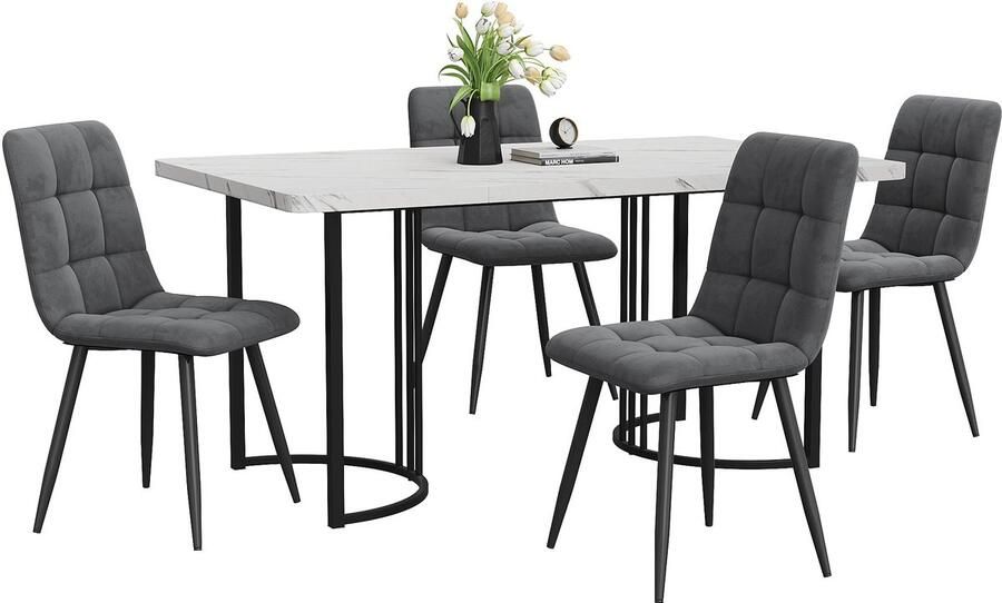 Merax 5-delig Eettafel Set Moderne Keukentafel 140 x 80 cm met Zwarte Metalen Poten en Witte MDF Tafelblad Donkergroene Samt Stoelen