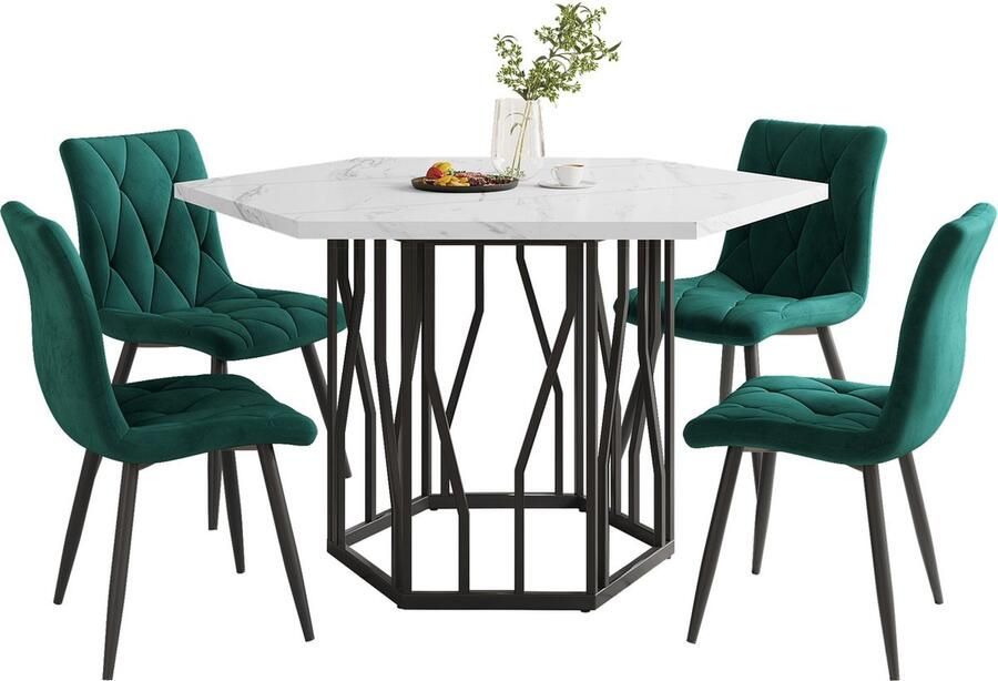 Merax 5-delig Eettafelset – Moderne Zeshoekige Wit Marmerlook met Zwart Eettafel met 4 Groene Fluwelen Eetkamerstoelen