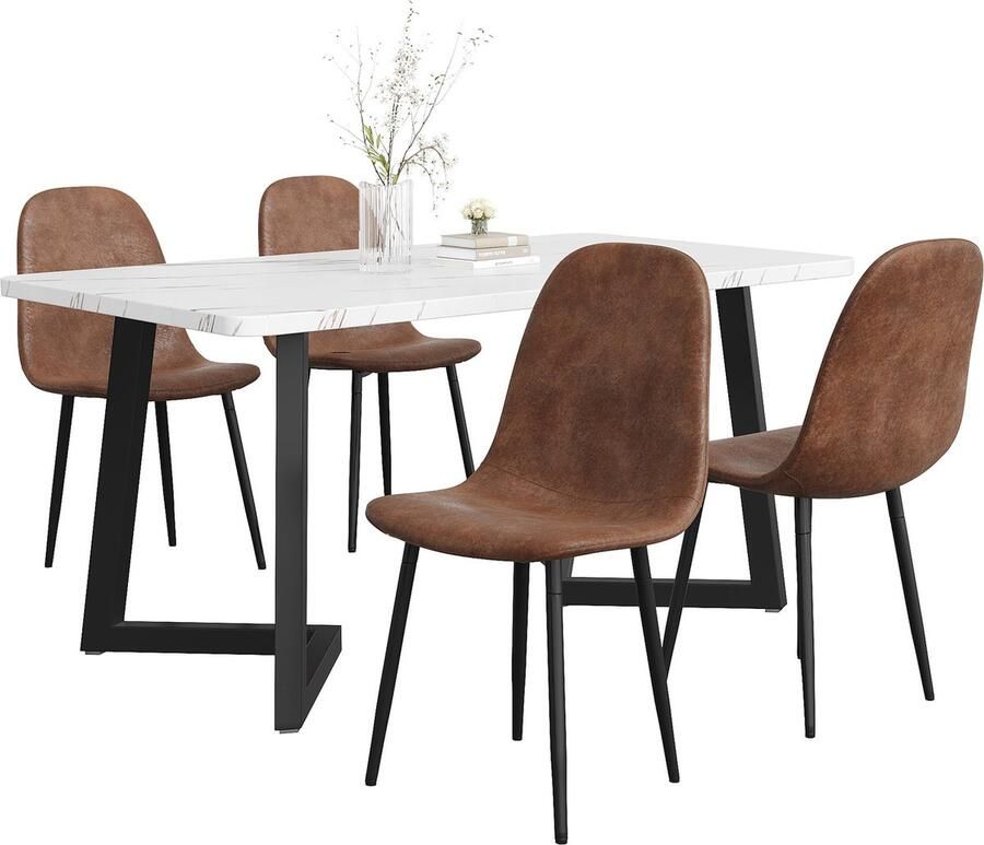 Merax 5-delig Eetkamerset Set – Moderne Eettafel met 4 Scandinavische Vintage Stoelen – Kunstleder Zitting met IJzeren Poten – Bruin Kunstleder en Zwart - Foto 2