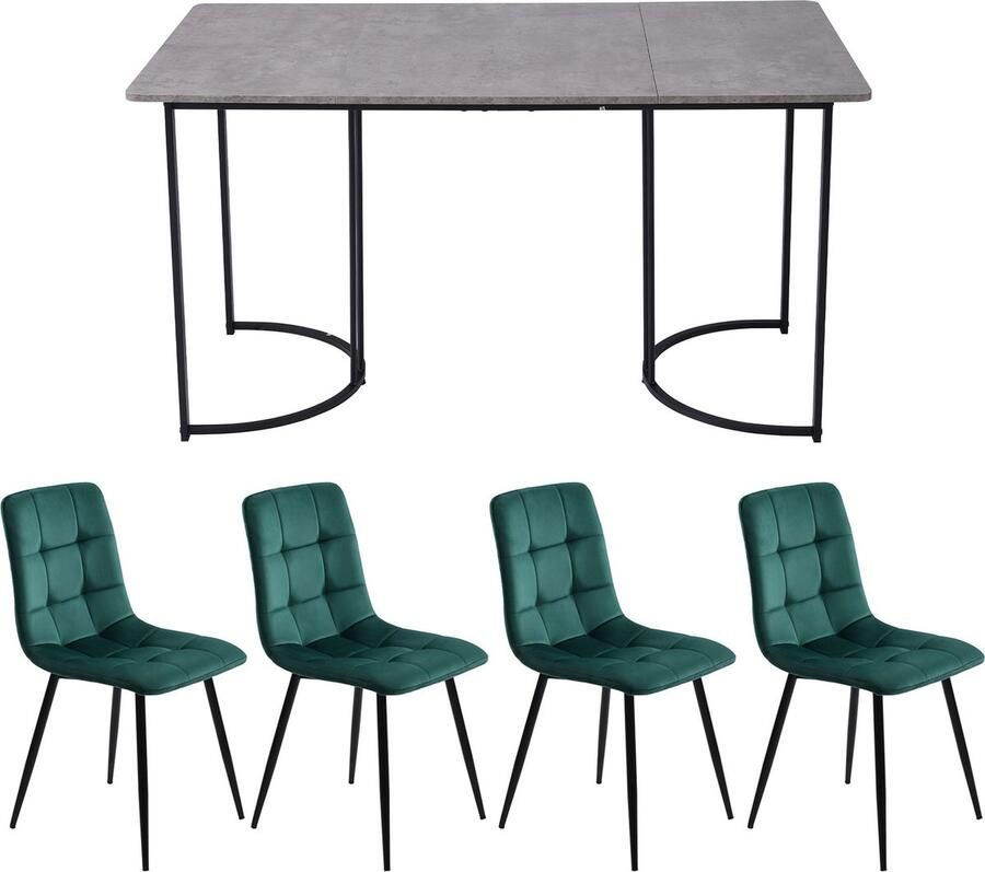 Merax Essgruppe (5-tlg) Esstisch mit 4 Stühlen Set Moderner Küchentisch Set 140×80cm Küchentisch mit Schwarz Metallbeinen MDF Tischplatte in Grau Dunkelgrün Samt Esszimmerstühle
