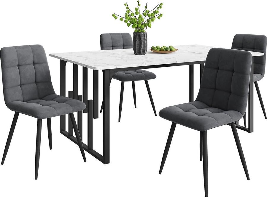 Merax Essgruppe (5-tlg) Esstisch mit 4 Stühlen Set Moderner Küchentisch Set 140×80cm Küchentisch mit Schwarz Metallbeinen Weißer MDF-Desktop Spleißen von Tischplatten Dunkelgrau Samt Esszimmerstühle - Foto 2